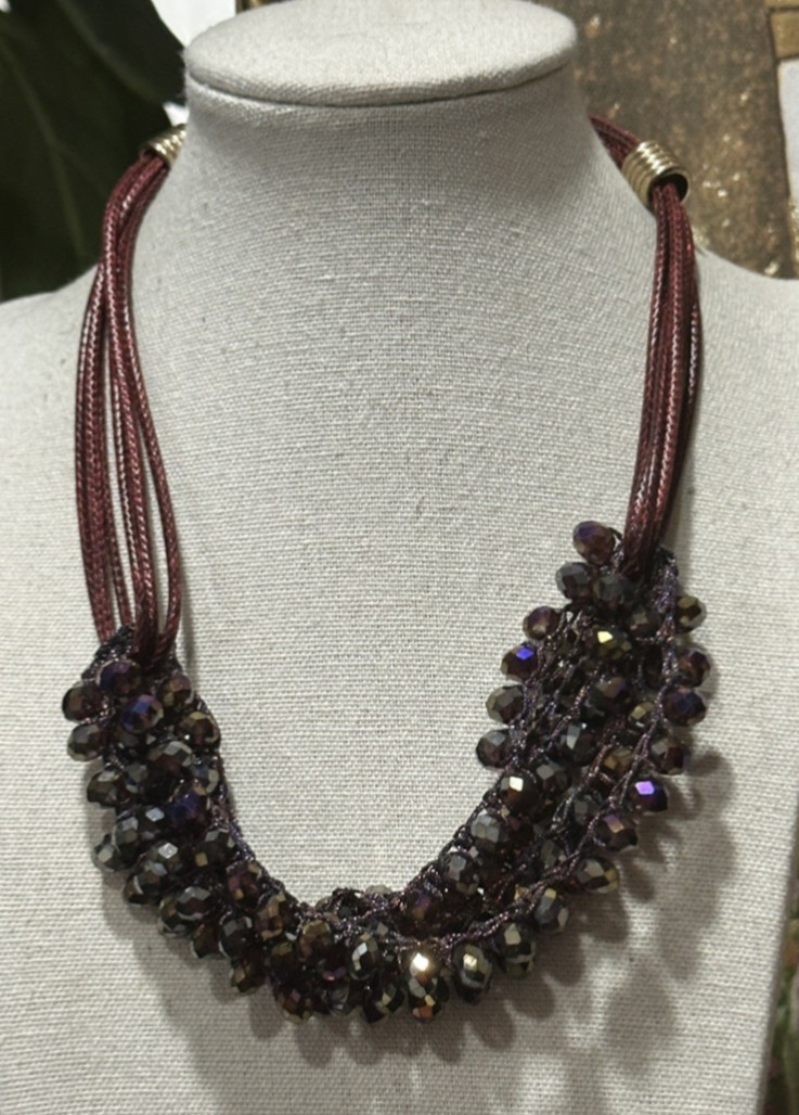 Faceted Purple Beaded Statement Necklace Burgundy Cord Gold Tone 18” Adjustable