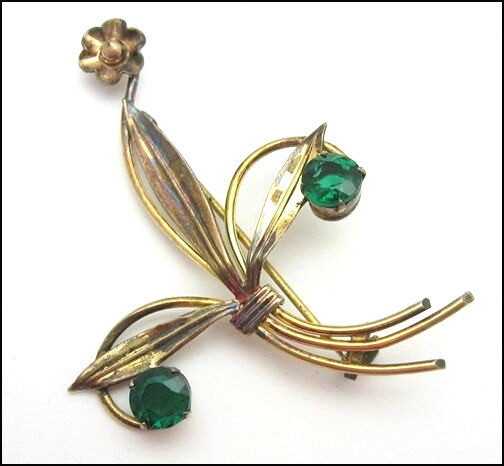 CM GREEN RHINESTONE Vintage PIN FLOWER BROOCH 1/20 12K GE Gold Electroplate