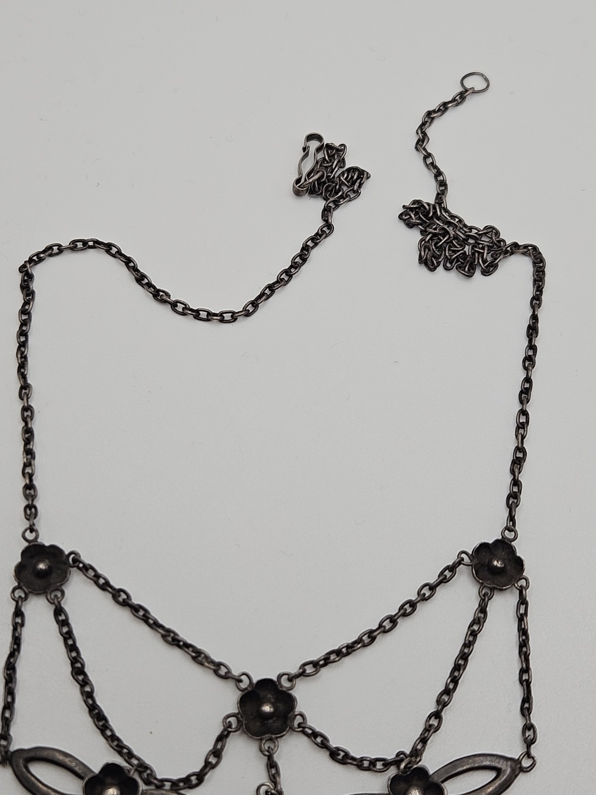 Vintage Victorian Revival Festoon Sterling Red Garnet Flower Necklace As Is