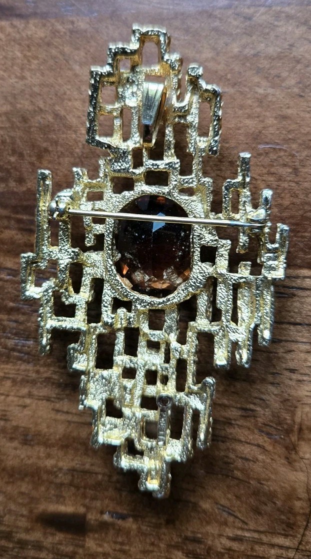 RARE PANETTA Brutalist Gold Brooch Pendant Smoky Quartz 1960s Beneditto Panetta