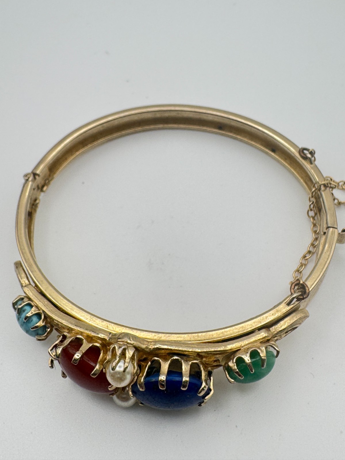 Vintage Cabochon Bracelet Green Blue Hinged Bangle Victorian Revival