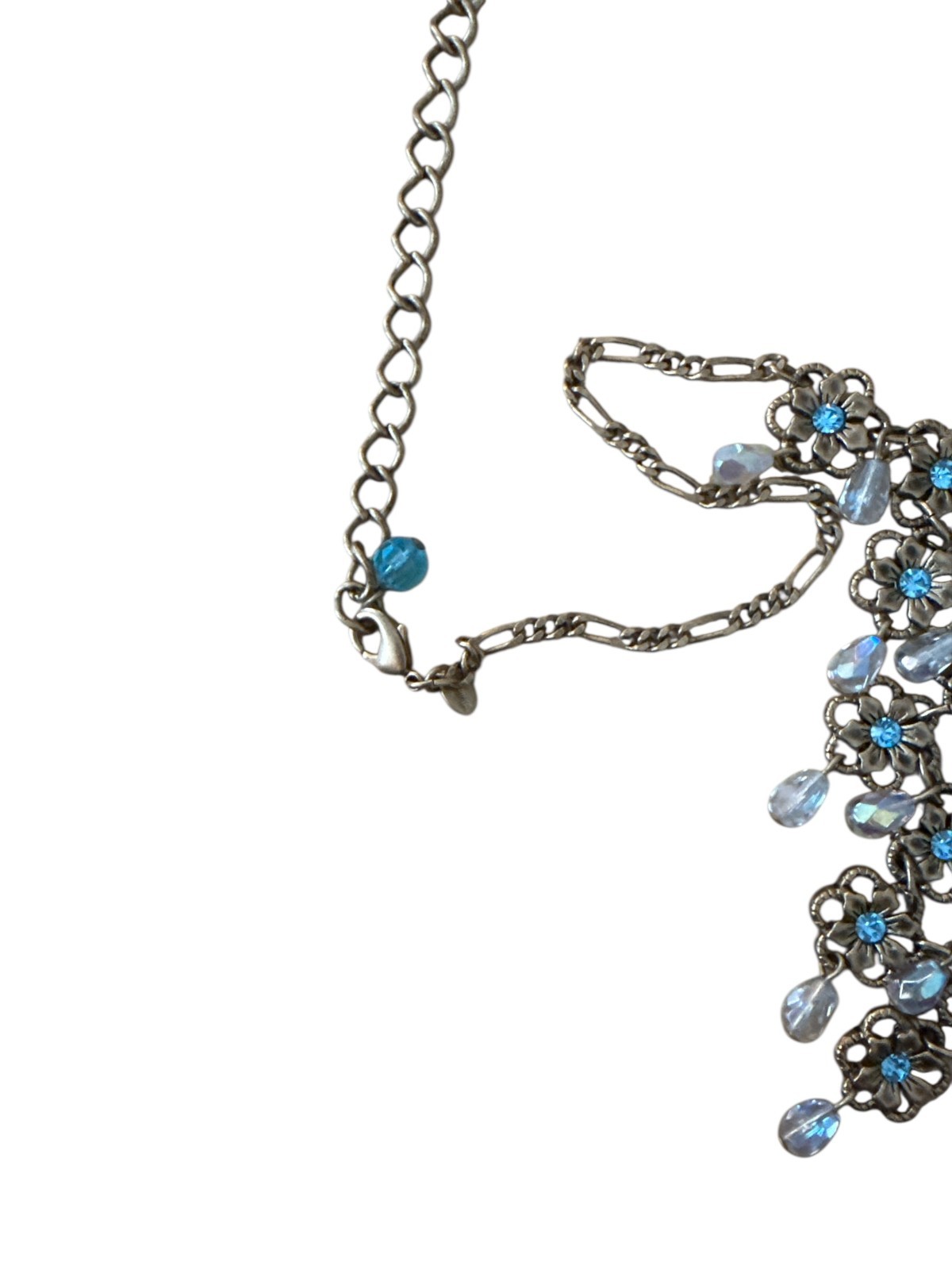 Vintage Blue Rhinestone Bib Necklace Gold Tone Floral Filigree Statement China