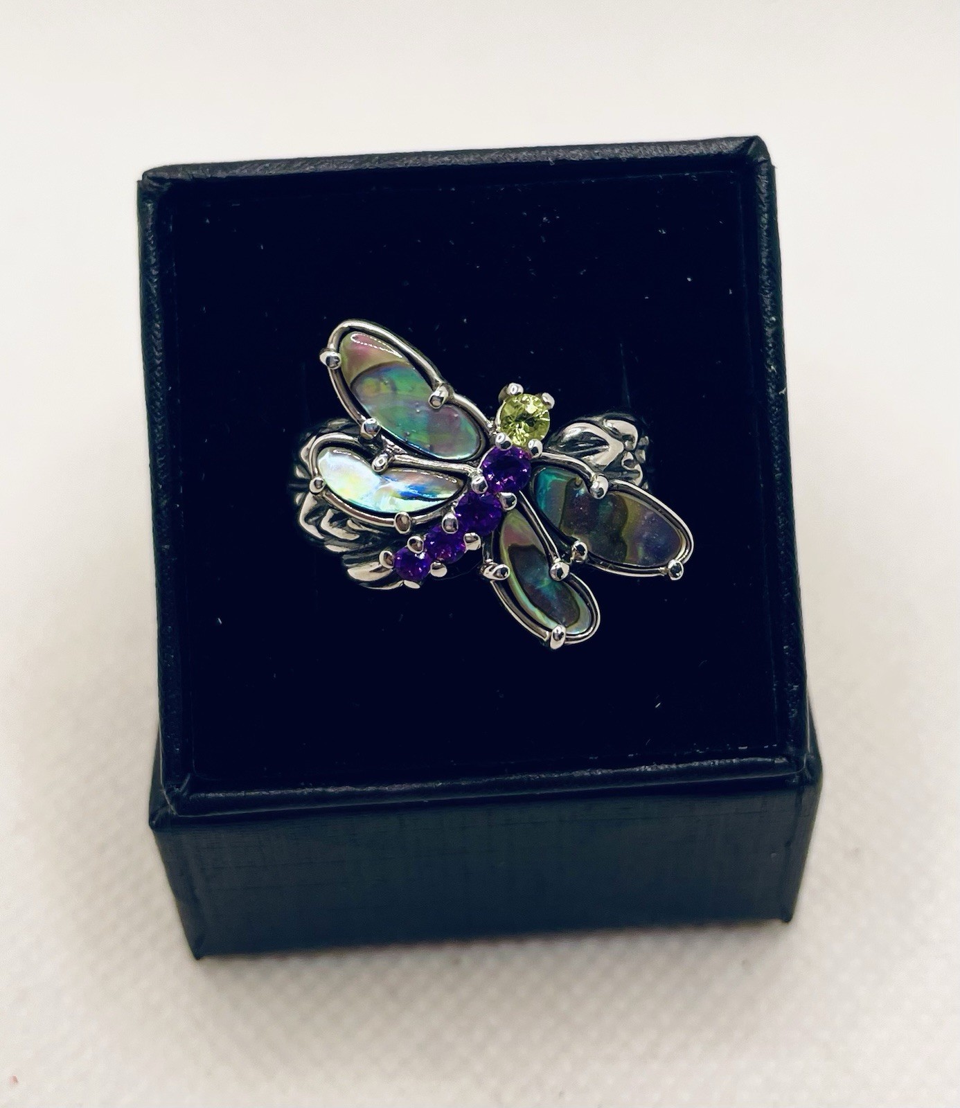 Carolyn Pollack Dragonfly Sterling Silver Abalone Amethyst Peridot Ring Sz 7