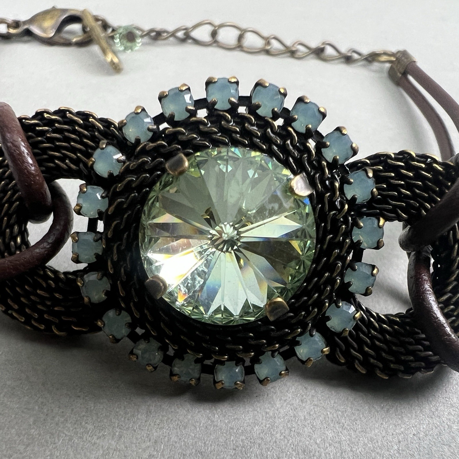 Vintage Van Galz Bracelet Leather Green Rivoli Rhinestone q3z