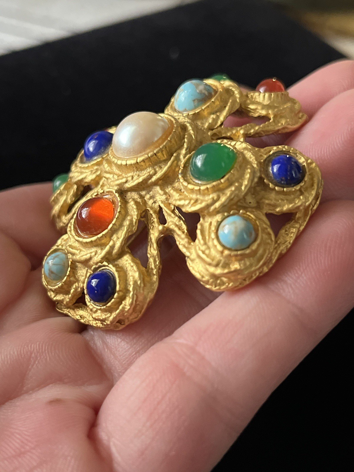 Vintage Maltese Cross Brooch Gripoix Style Gold Glass Cabochon Sphinx HAR