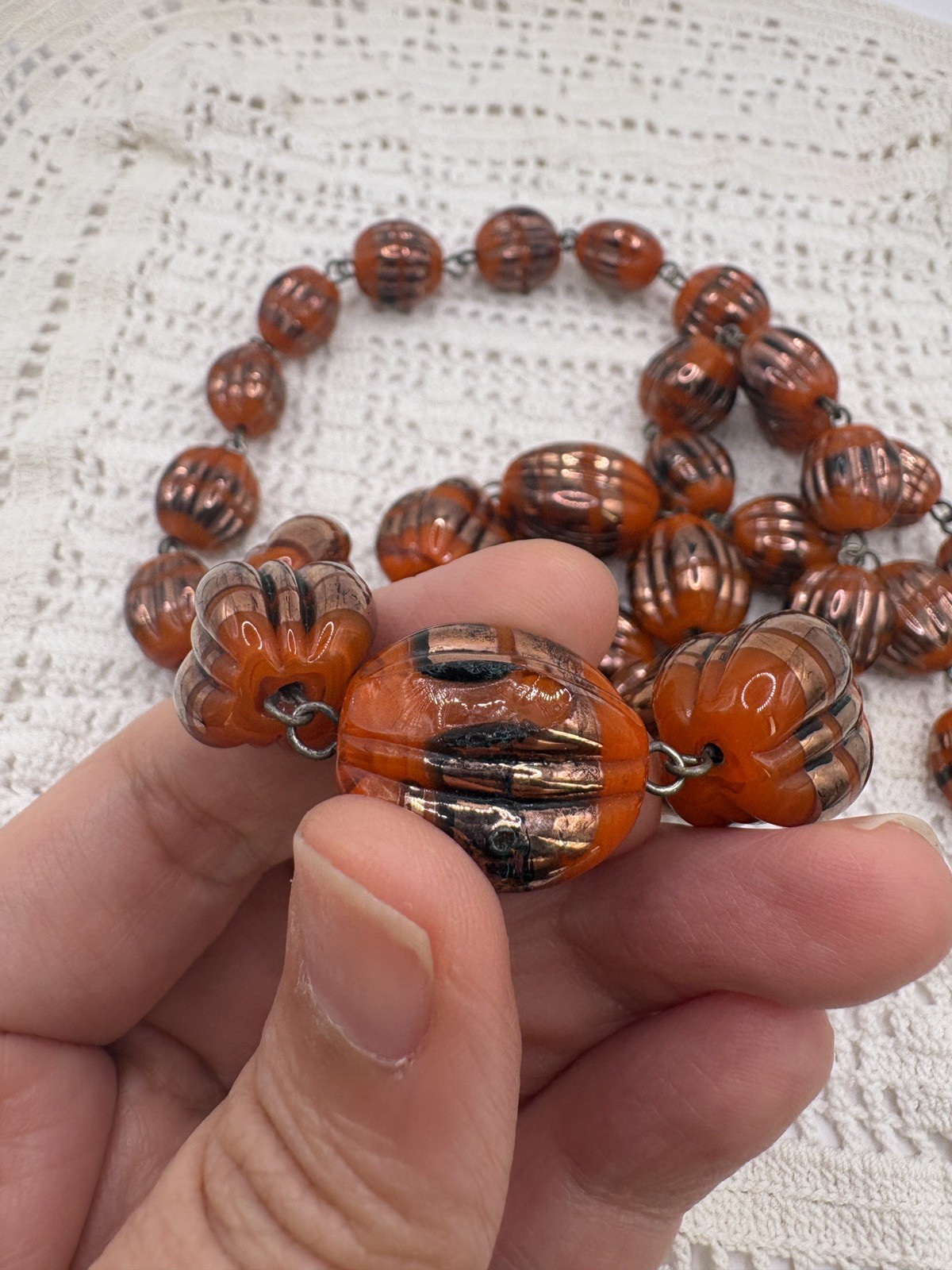 Vintage Czech Melon Foil Glass Graduated Necklace Lampwork Pumpkin 28”