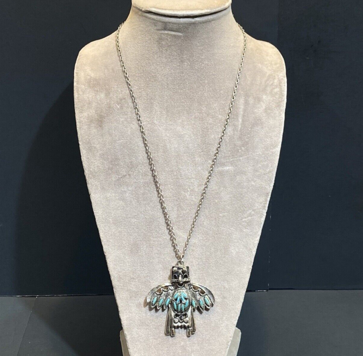 VTG Thunderbird Kachina Pendant Necklace Faux Turquoise Silver Tone Southwestern