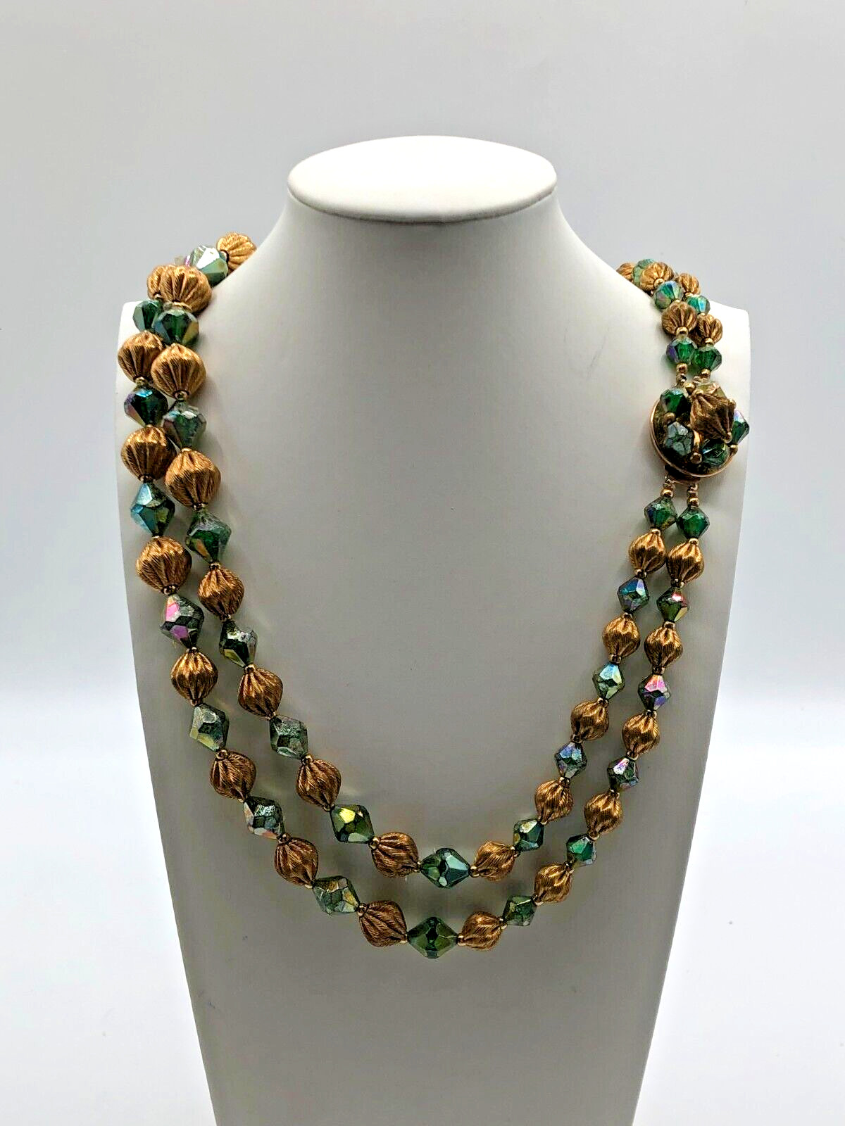 VTG 2 Strand Green AB & Gold Tone Bicone Bead Necklace MCM 1960s Estate