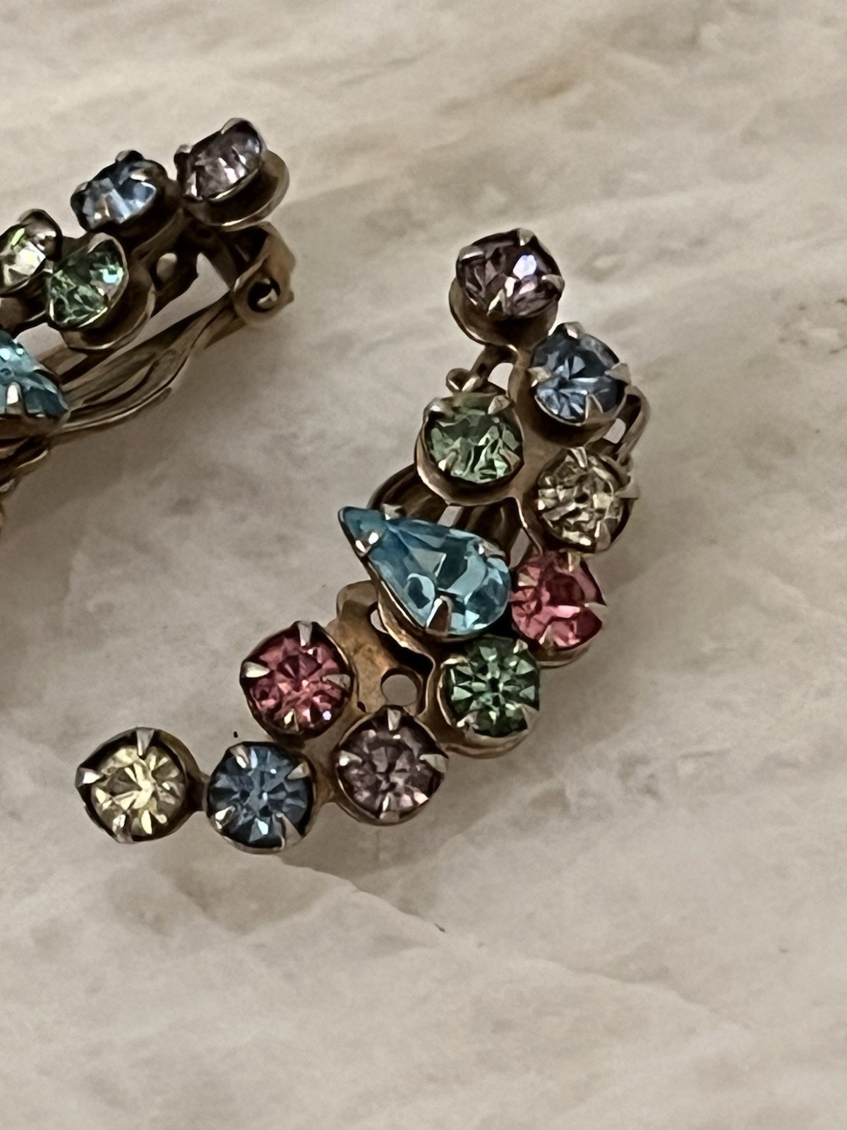 Rhinestone Clip On Earrings Purple, Blue And Clear Evening Wear