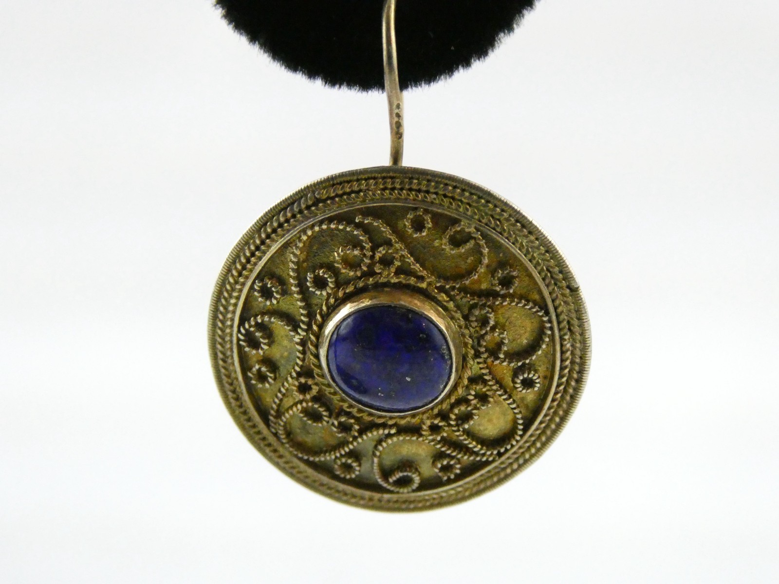Vintage Gilt Sterling Silver Scroll Motif Lapis Lazuli Hook Earrings 7.3g 1.25In