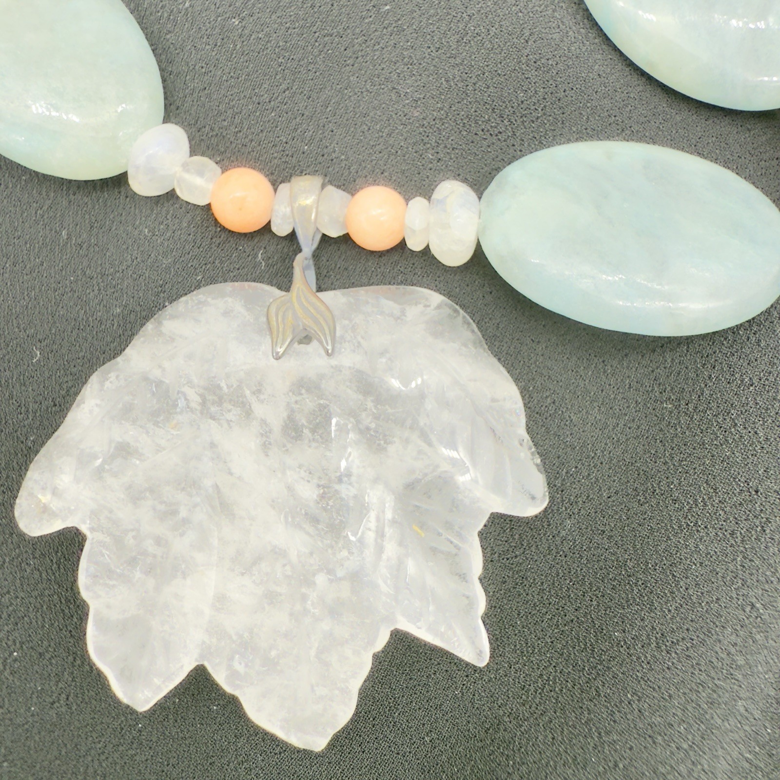 Vtg Sterling Carved Rock Crystal Necklace Angel Skin Coral Moonstone WOW