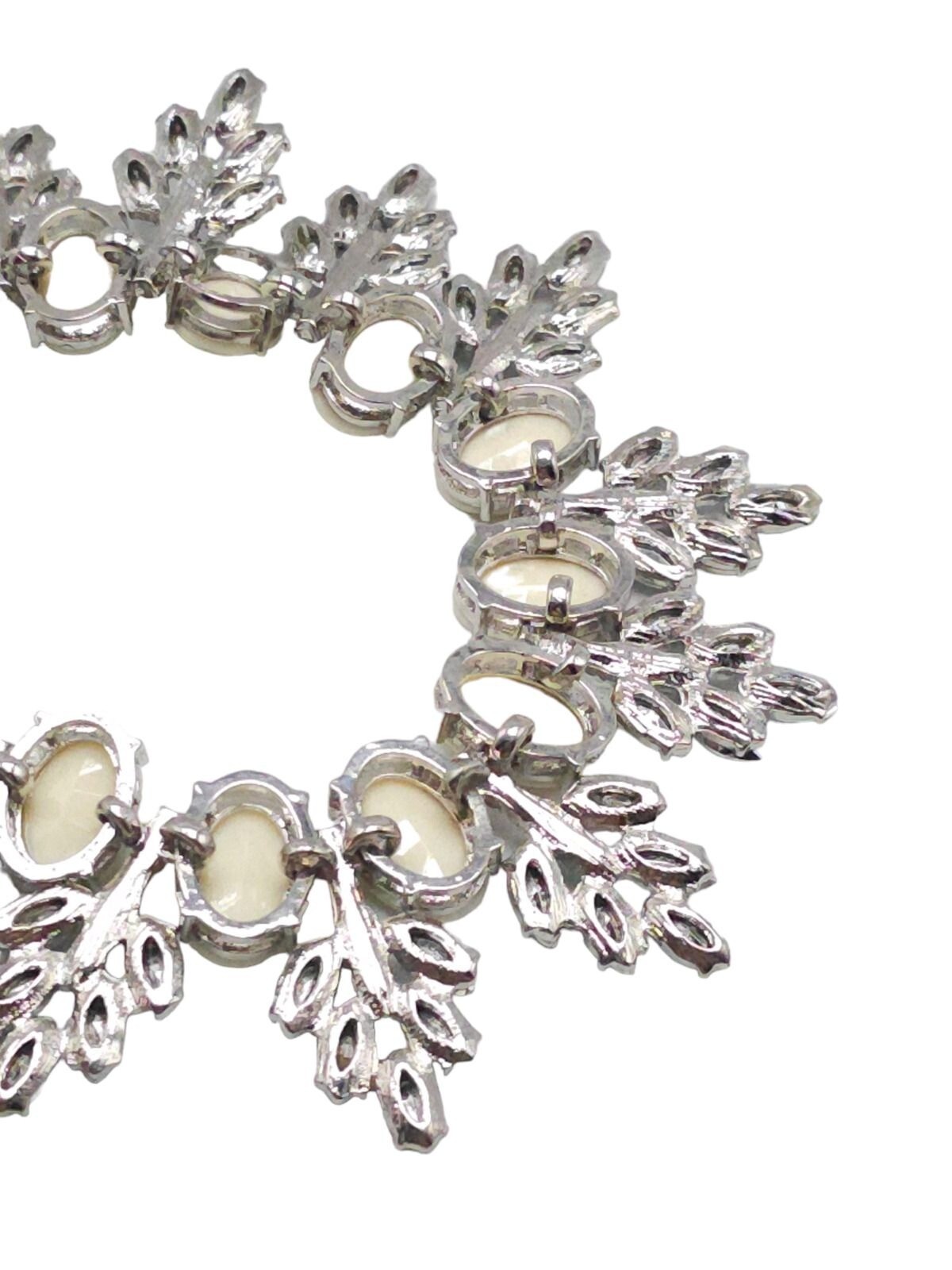 Cream Acrylic Marquise Crystal Statement Necklace Silver Tone Vintage