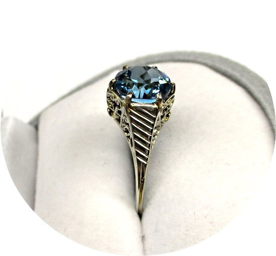 Estate Art Deco Ring – LONDON Blue Topaz – Solid 14kK White Gold Filigree Mtg…
