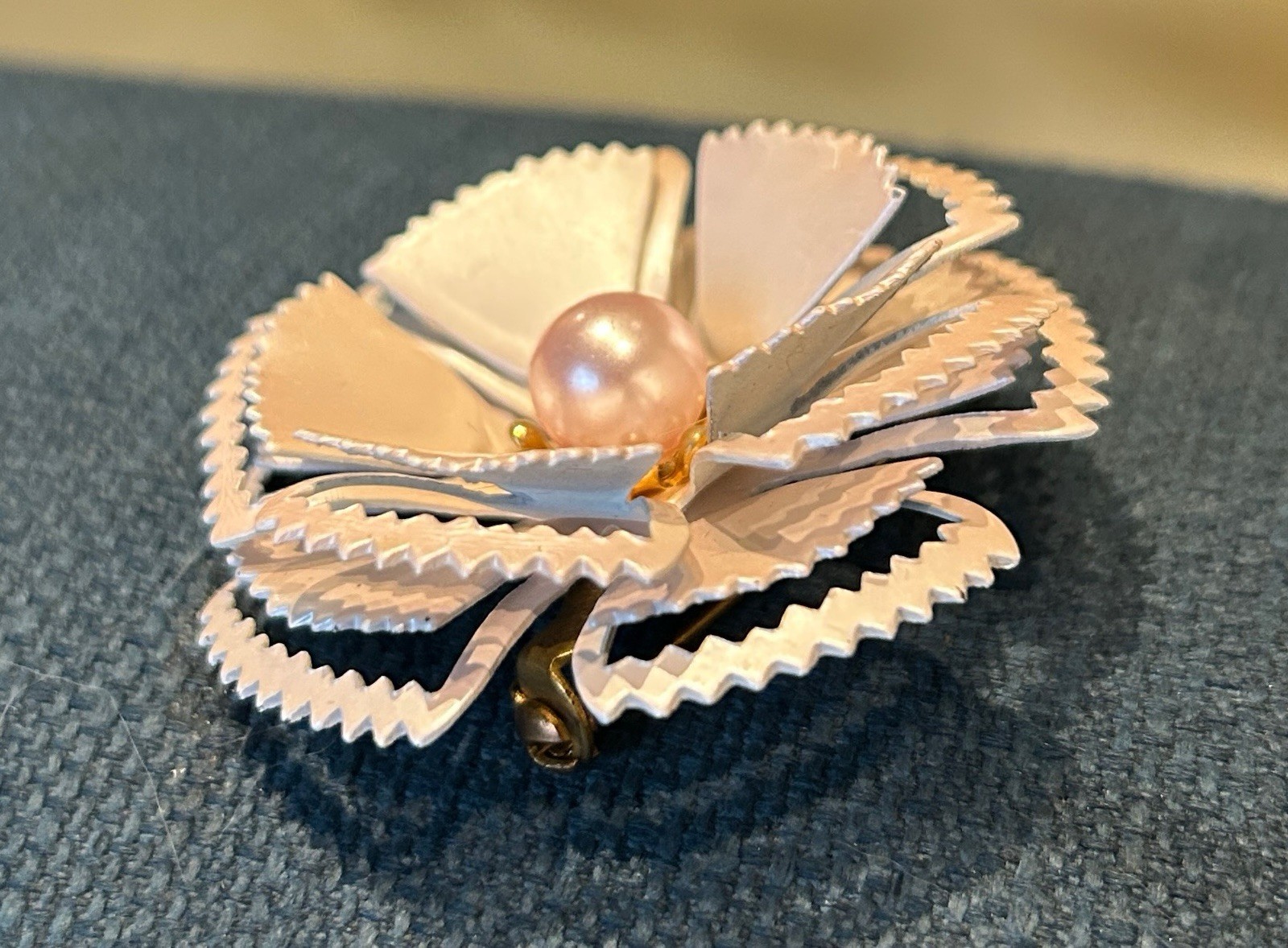 Metal Enamel Coro Flower Pearl Brooch with 2 Pair Clip Earrings Pink & Yellow