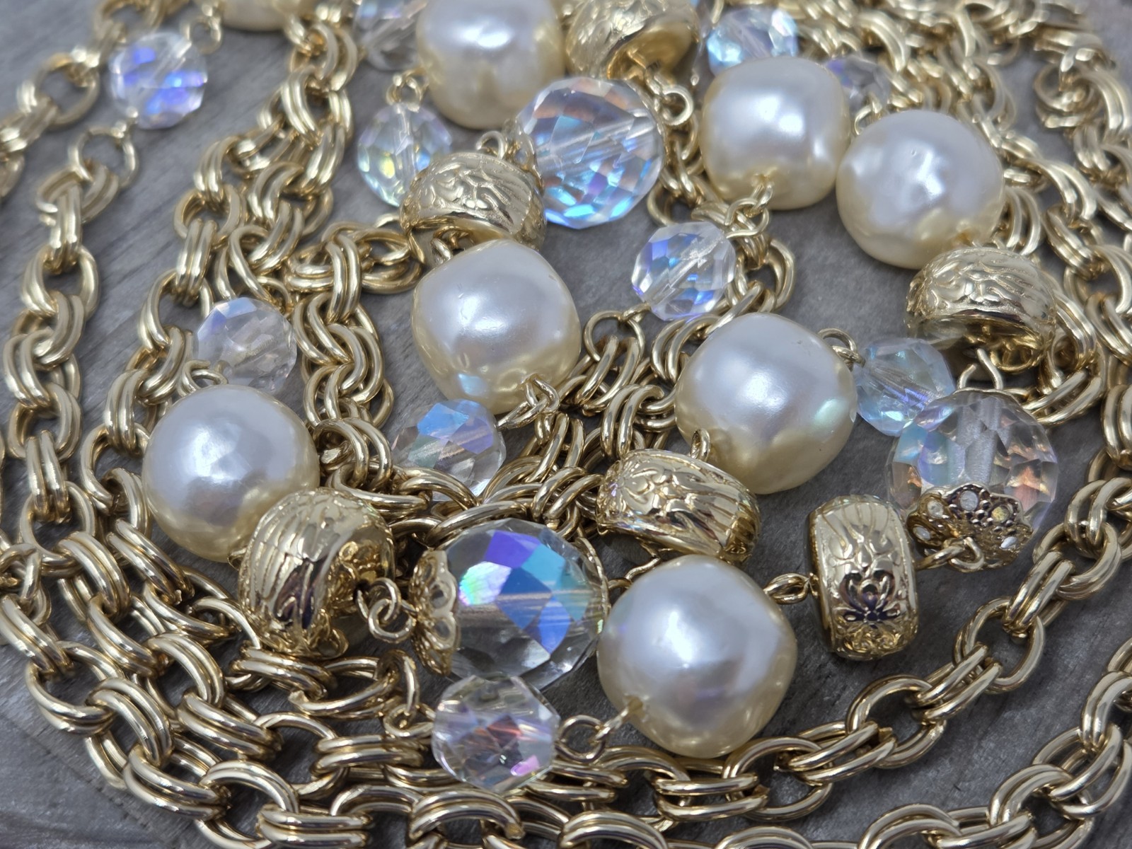 Gold Tone AB Crystal & Faux Pearl Chain Necklace 60 Inches Long Vintage