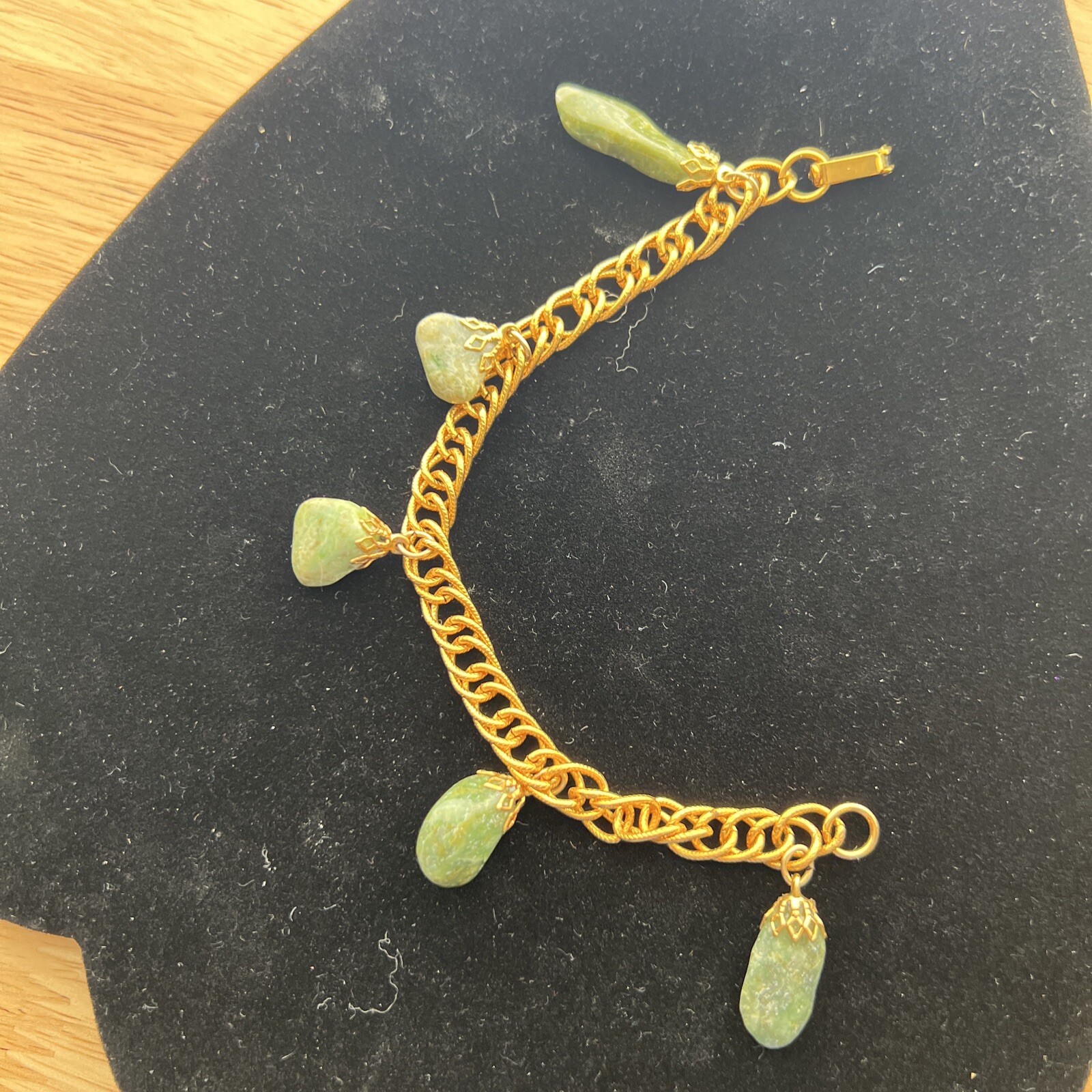 Vintage Gold Tone Chain Bracelet With 5 Green Stone Charms Different Shapes 7”