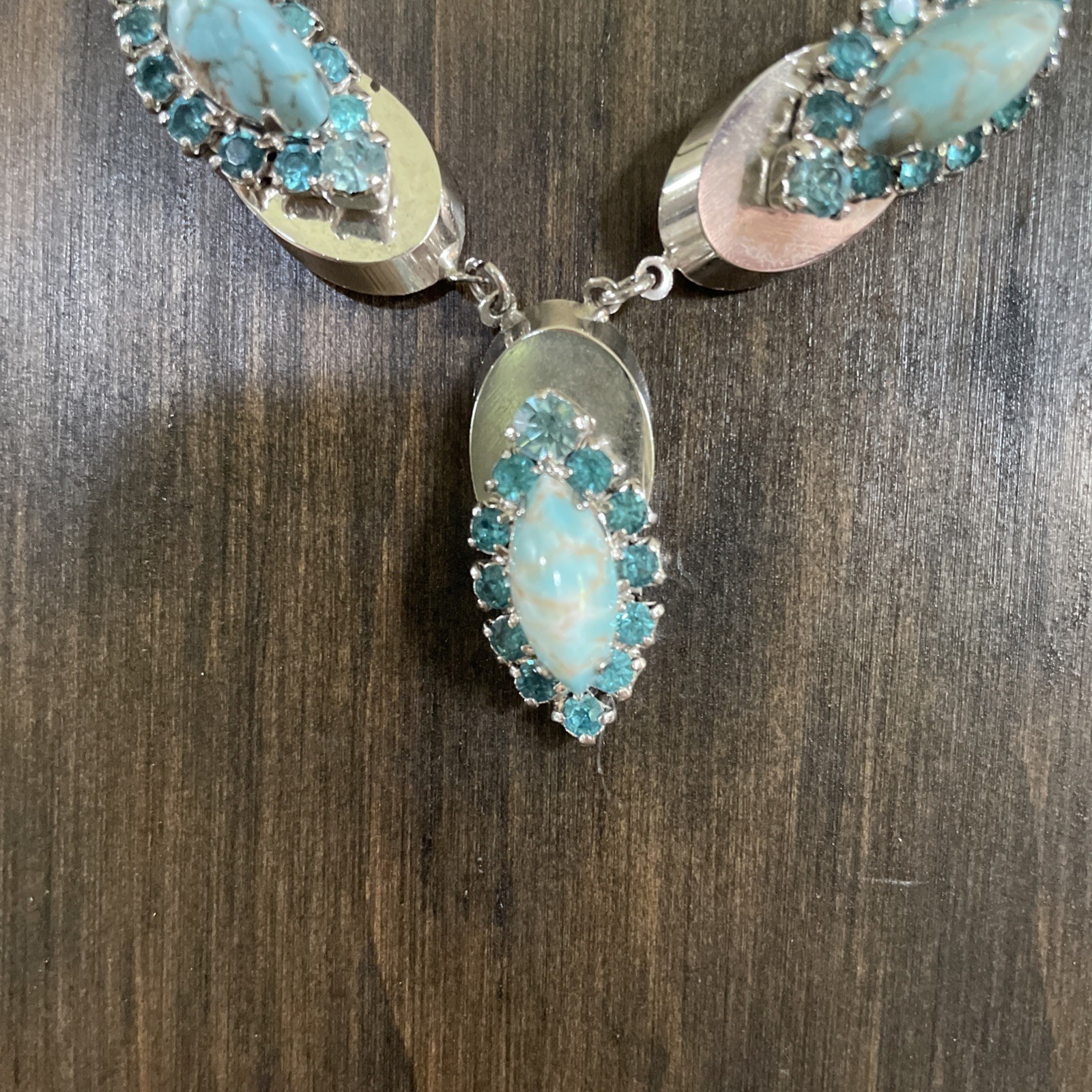 Vintage Rhinestone & Turquoise Silver Choker Necklace