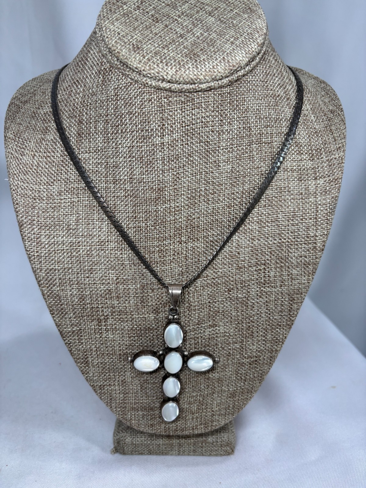Vtg ATI Mexico Sterling Silver 925 MOP Cross Pendant, Snake Style Necklace 34 gr