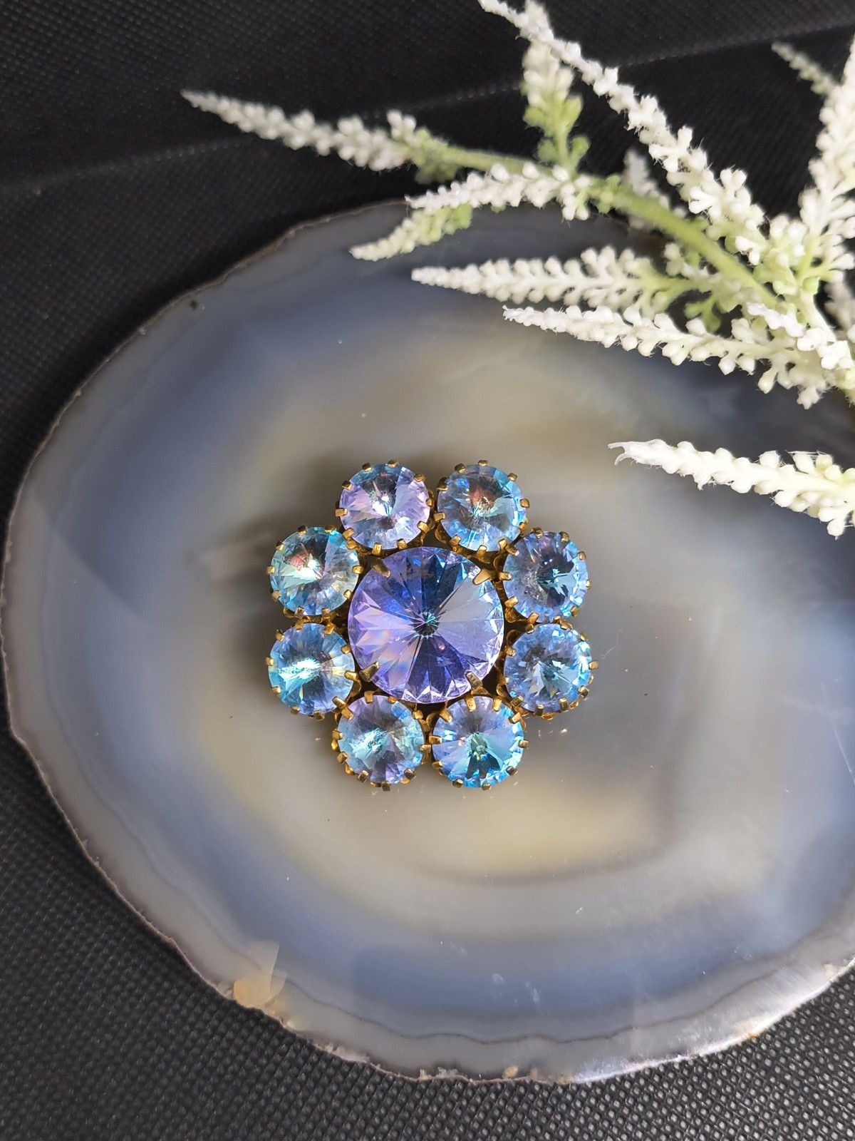 Stunning Vintage Austria Style Blue And Purple Rhinestone Brooch