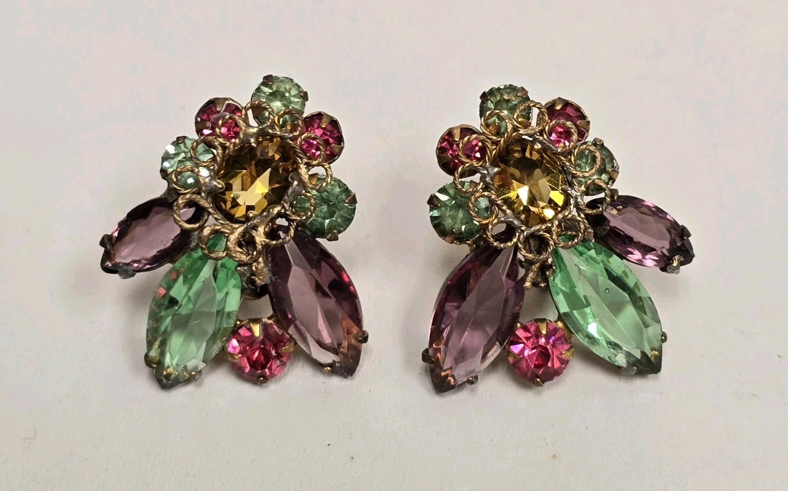 Vintage Original By Robert Brass Filigree Rhinestone Earrings