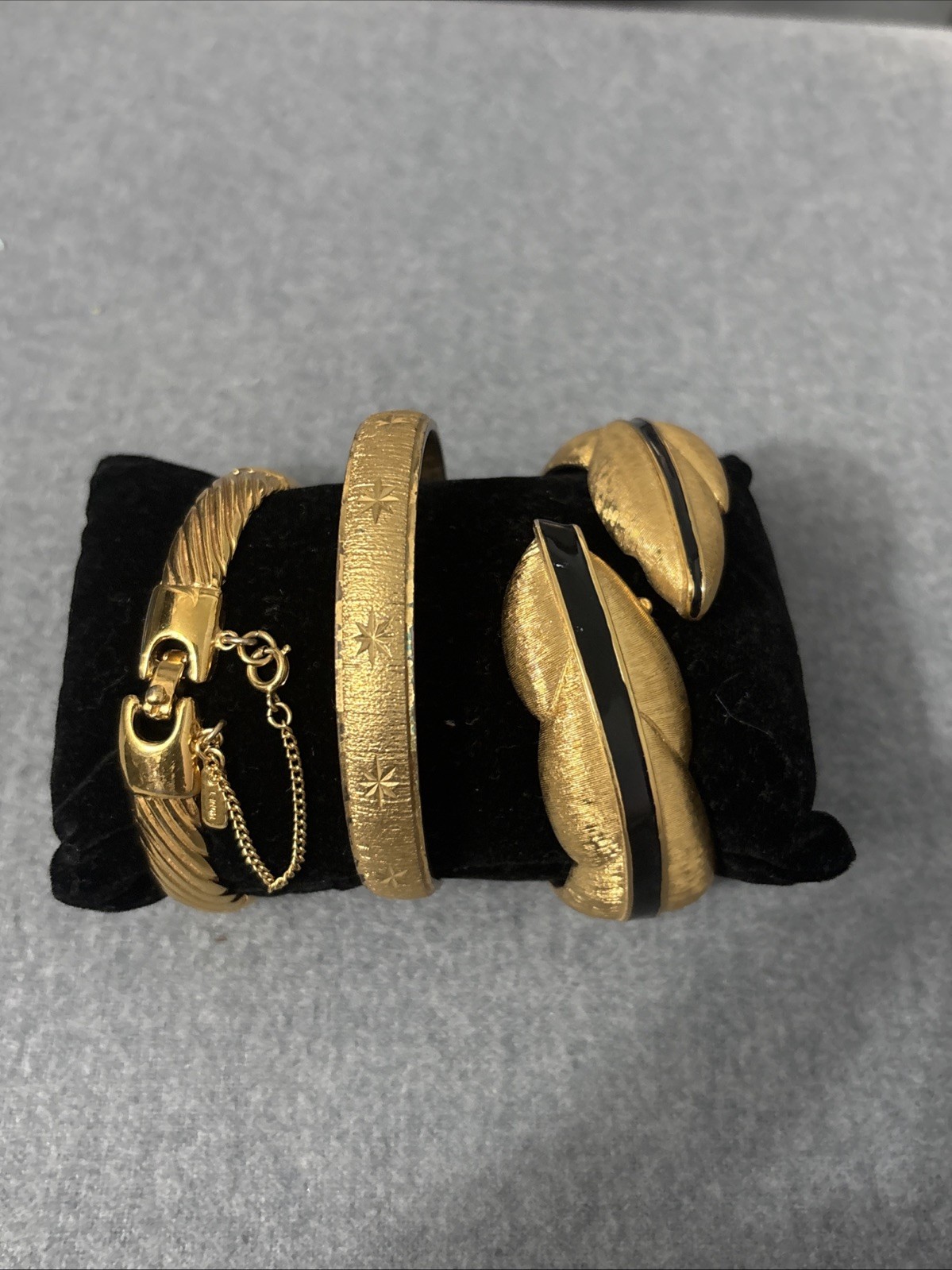 Vintage Monet Gold Tone Bracelet Bangle Lot Of 3 Clamper Bar Link Safety Chain