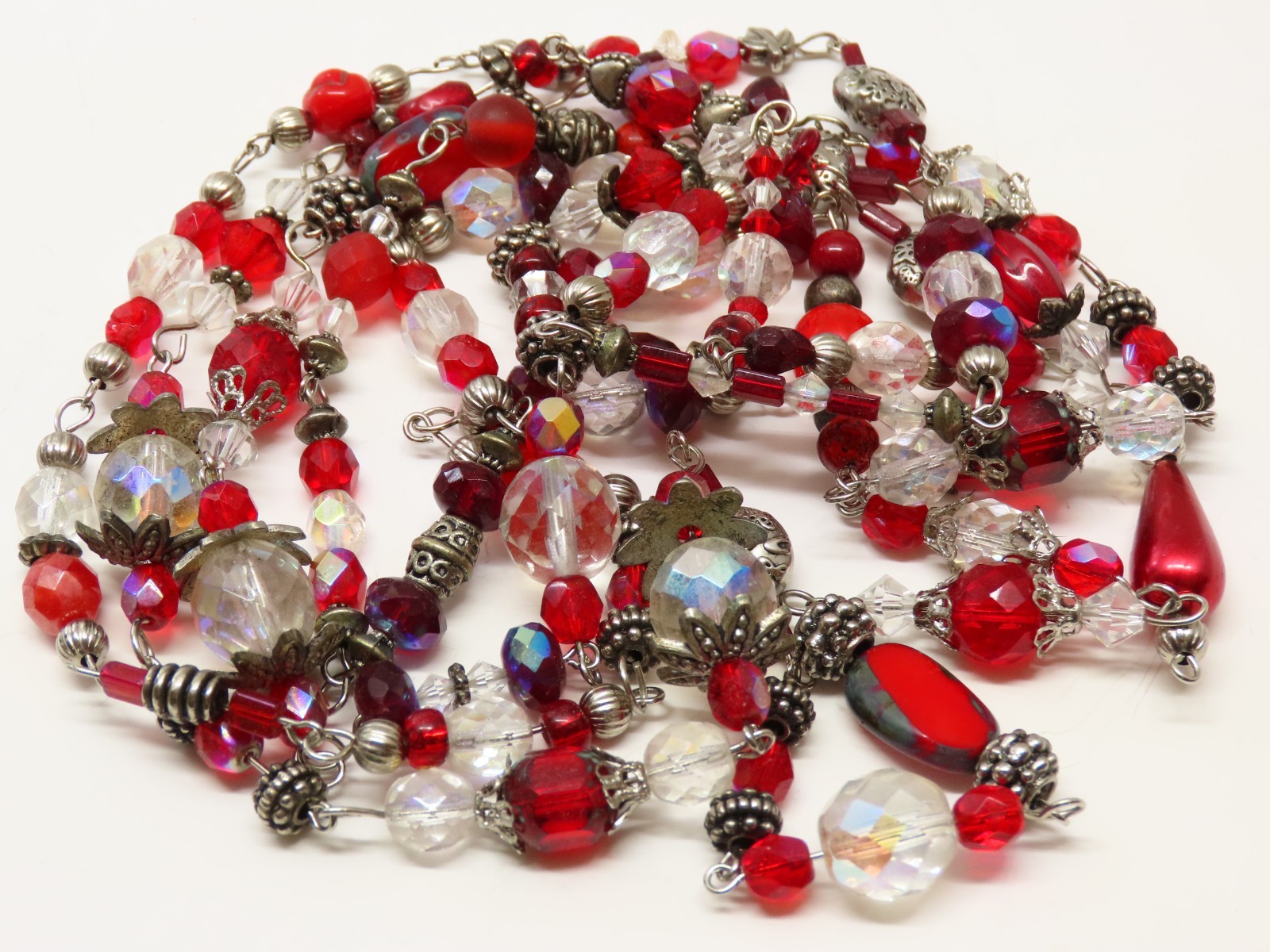 Vintage Necklace Red Clear AB Beaded Crystal Glass Faceted D5381