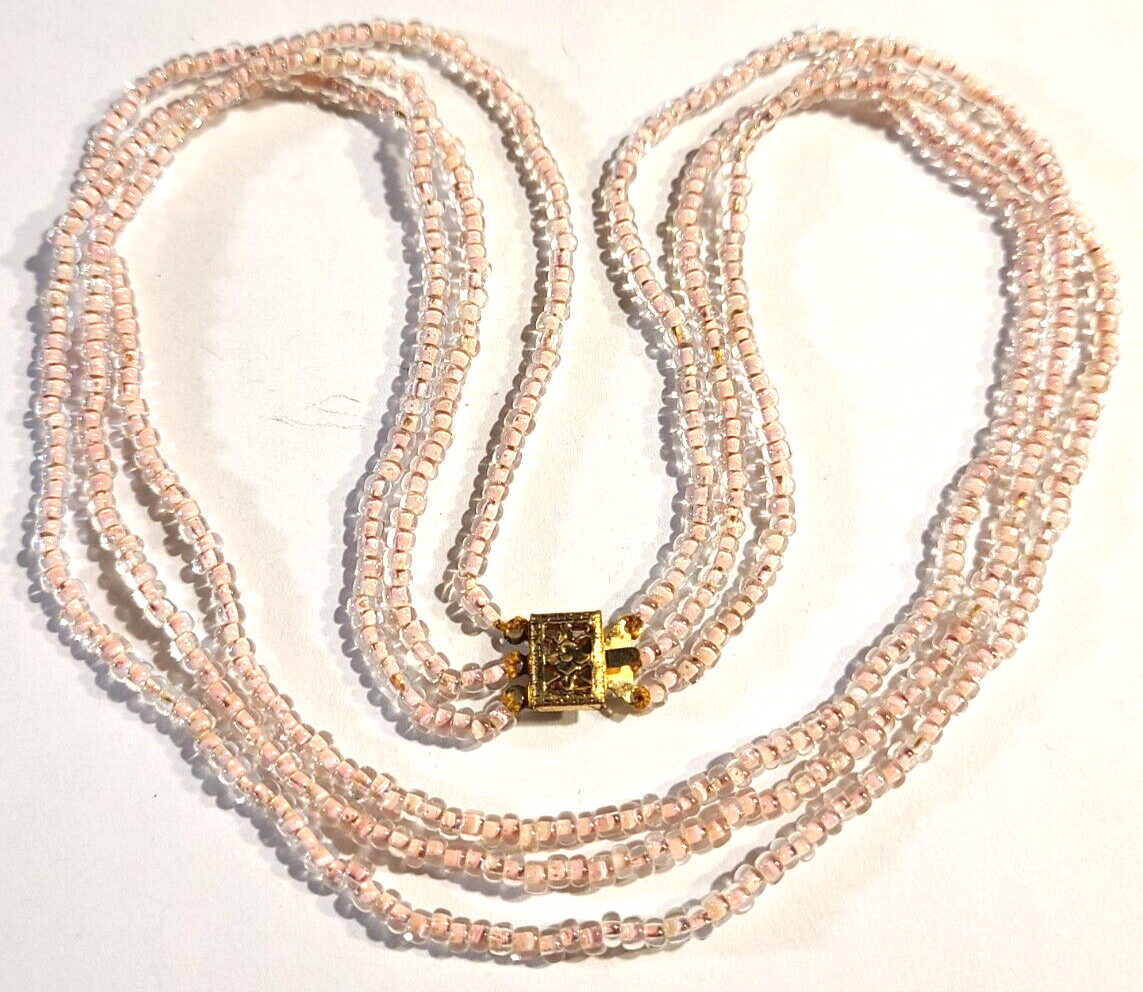 VINTAGE STUNNING 3 STRAND BABY PINK GLASS NECKLACE