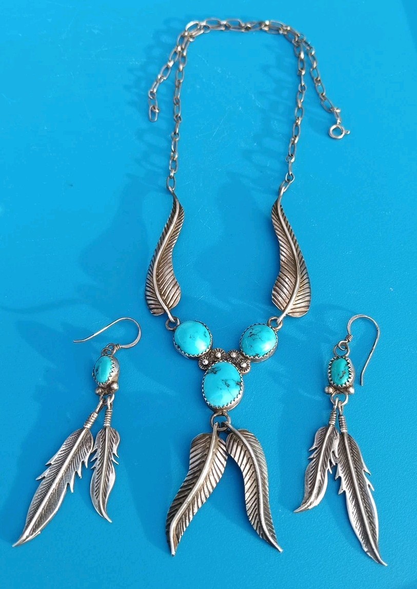 VINTAGE NAVAJO TURQUOISE STERLING SILVER FEATHER NECKLACE & EARRINGS 23.5 Gram