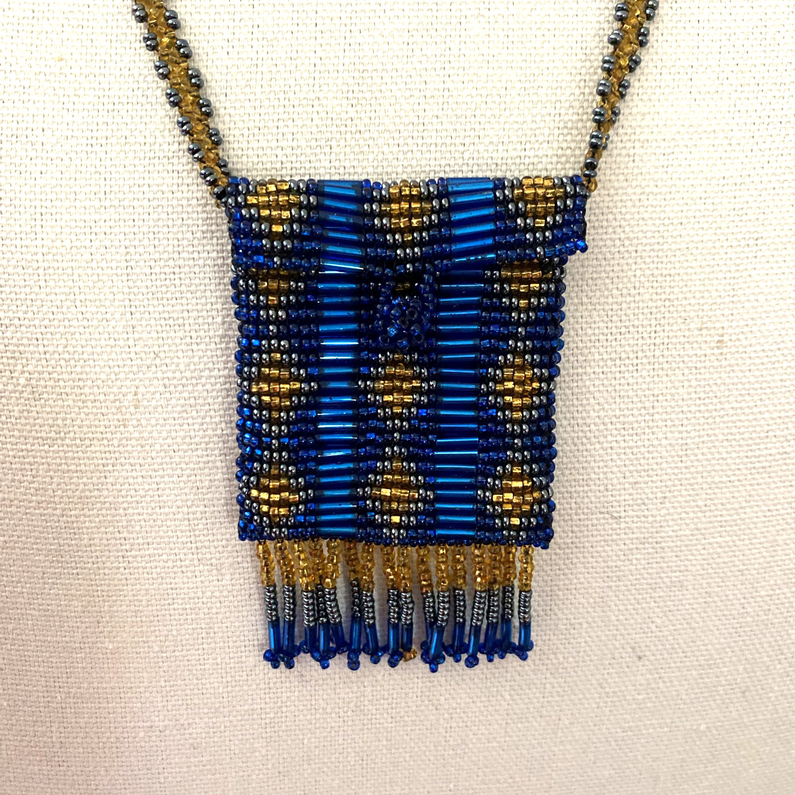 Vintage Blue & Gold Seed Bead Purse Pendant Necklace