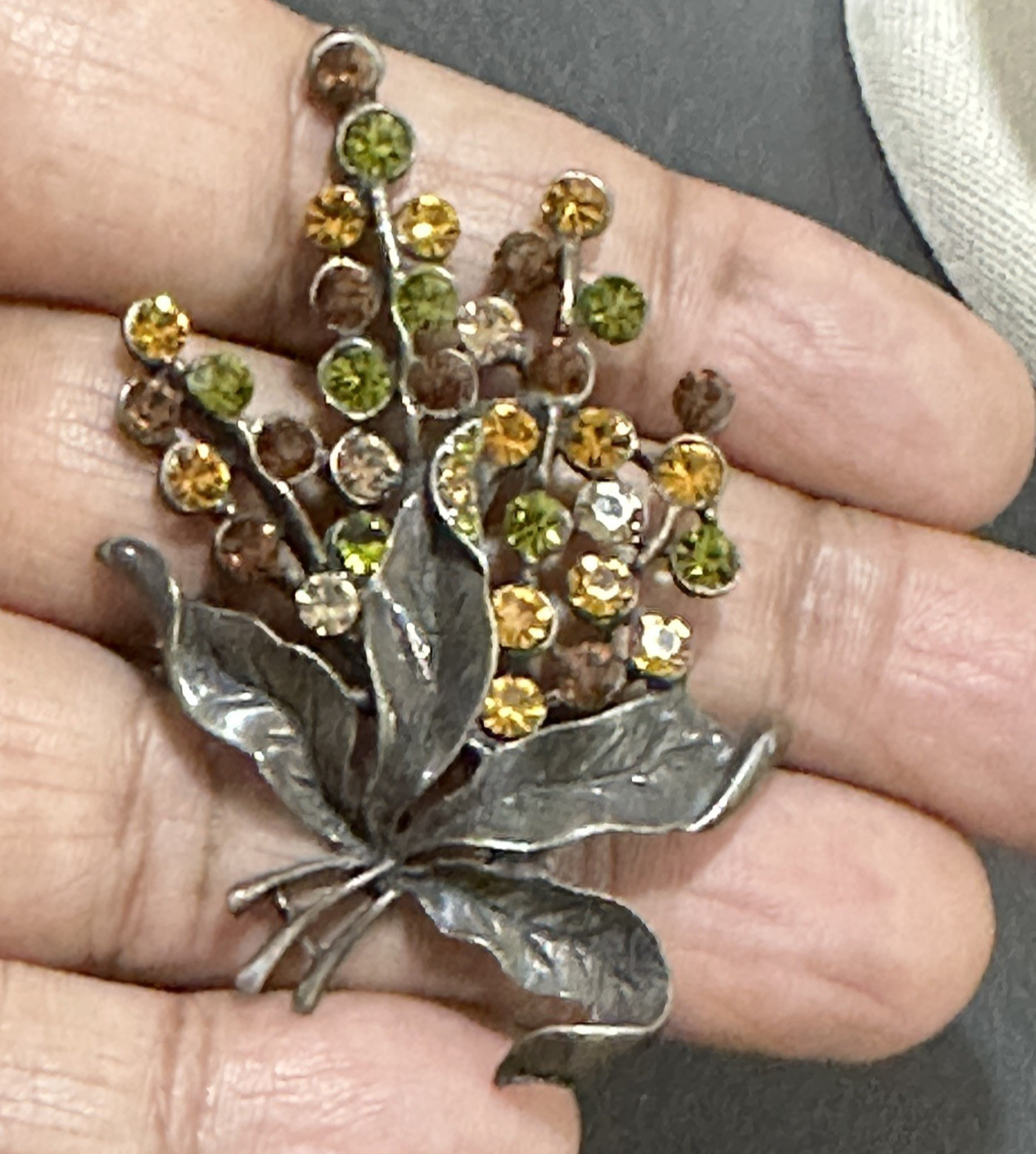 Vintage Rhinestone Leaf Spray Brooch Green Gold Brown Fall Colors Sparkle Autumn
