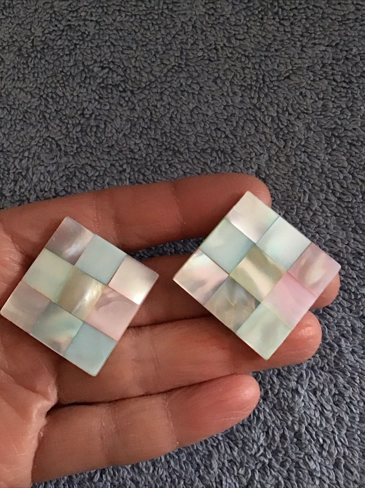 Vtg MOP Earrings Square Checkerboard Pink Blue Pastel Spring Retro