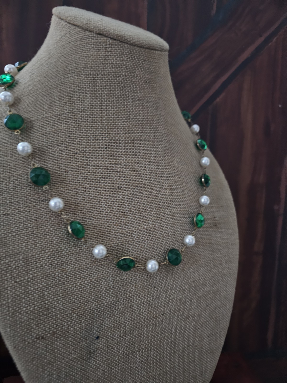 Vtg Green Acrylic Bezel Set Crystal Faux Pearl Goldtone Necklace Screwback Ear