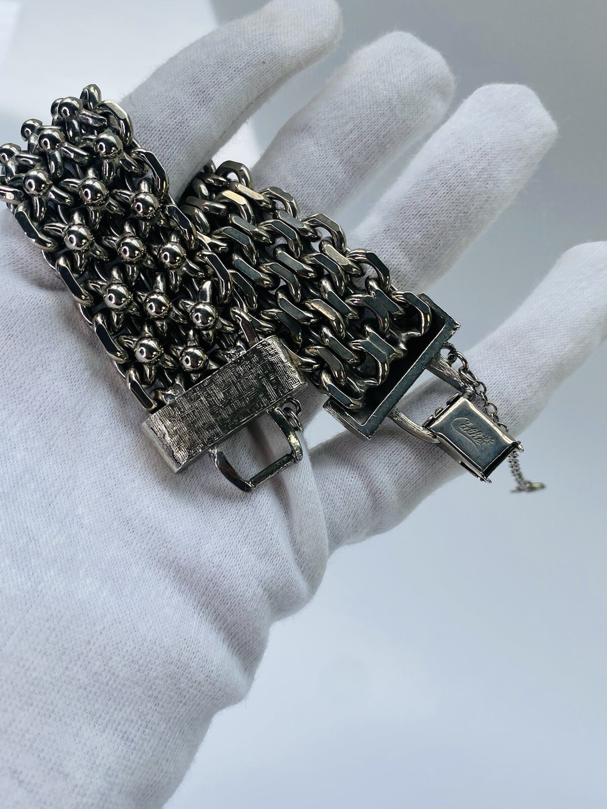 Vintage Cathé Cathe Chunky Silver Tone Heavy Brutalist Ball & Chain Bracelet