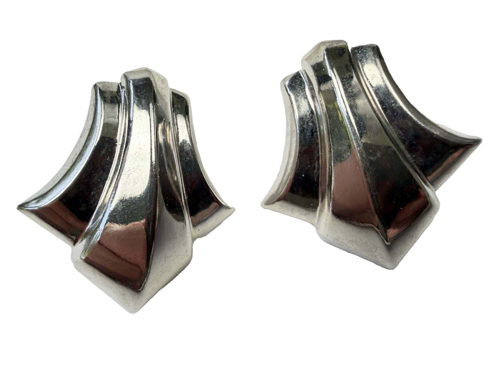 Vintage Silver Tone Sculptural Statement Earrings Geometric Modernist Pierced