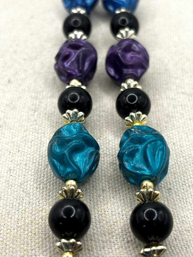 Vintage Purple Teal Blue Black And Silver Tone Crinkled Bead Necklace 24 Inch