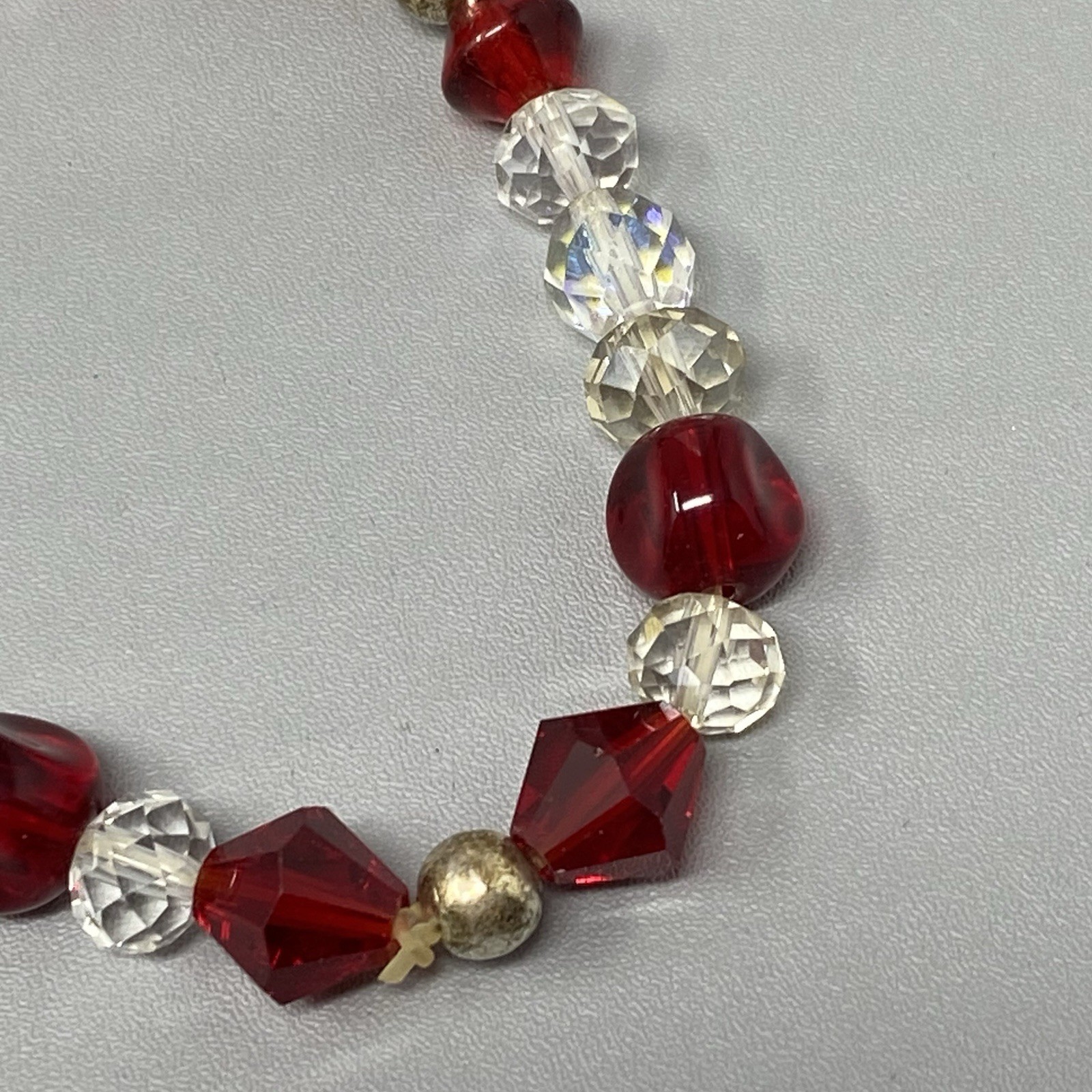 Glass Bead Bracelet Red Clear Pink Fire AB Coated Iridescent Bicone Stretch 7″