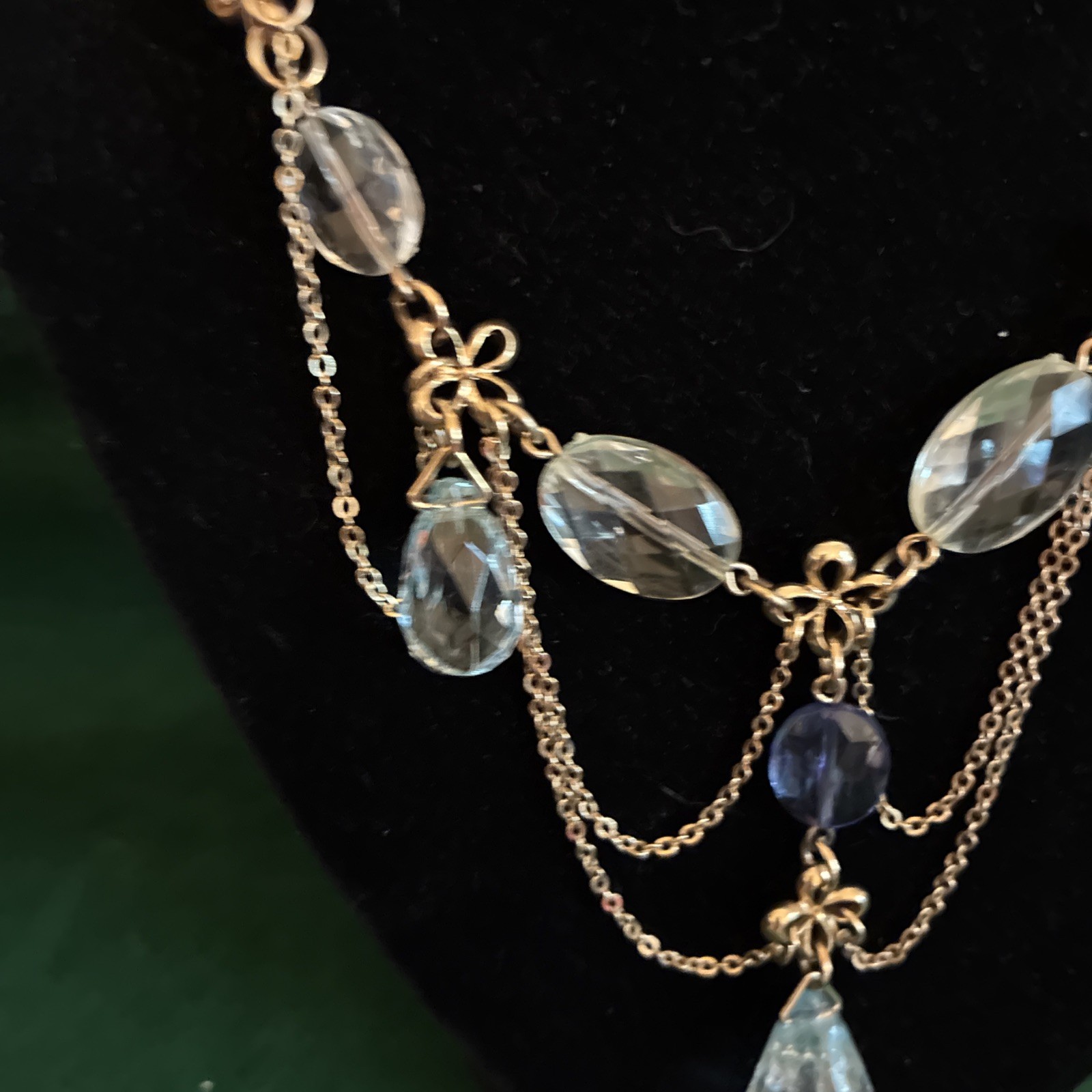 Edwardian Revival Gold Tone Necklace Ice Blue Faceted Teardrop Crystals Dangle