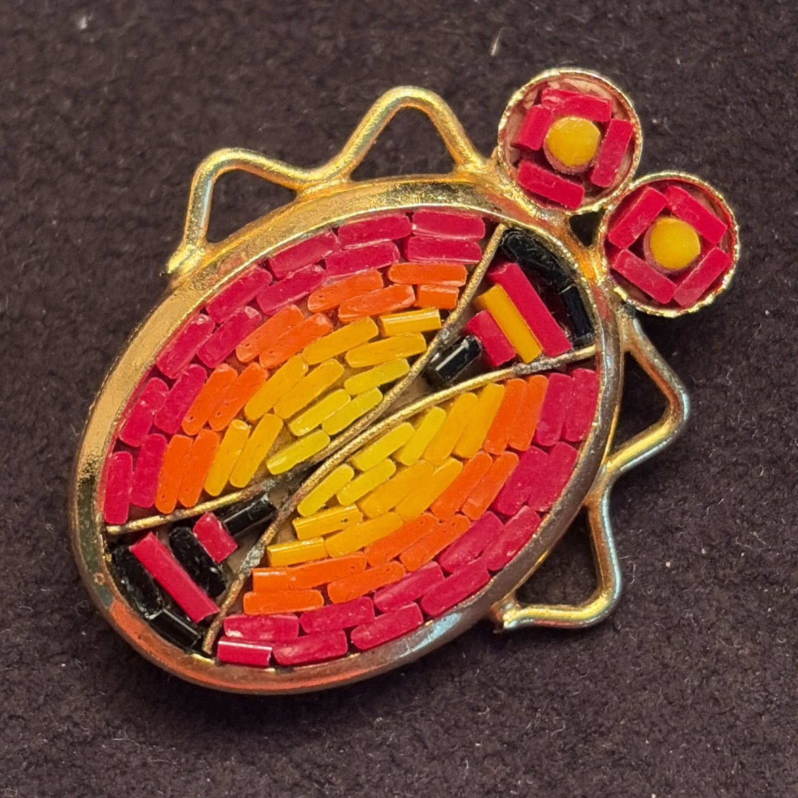 VTG Micro Mosaic Pin Brooch ~ ITALY Gold Tone ~ Bug Insect Ladybug Beetle Scarab