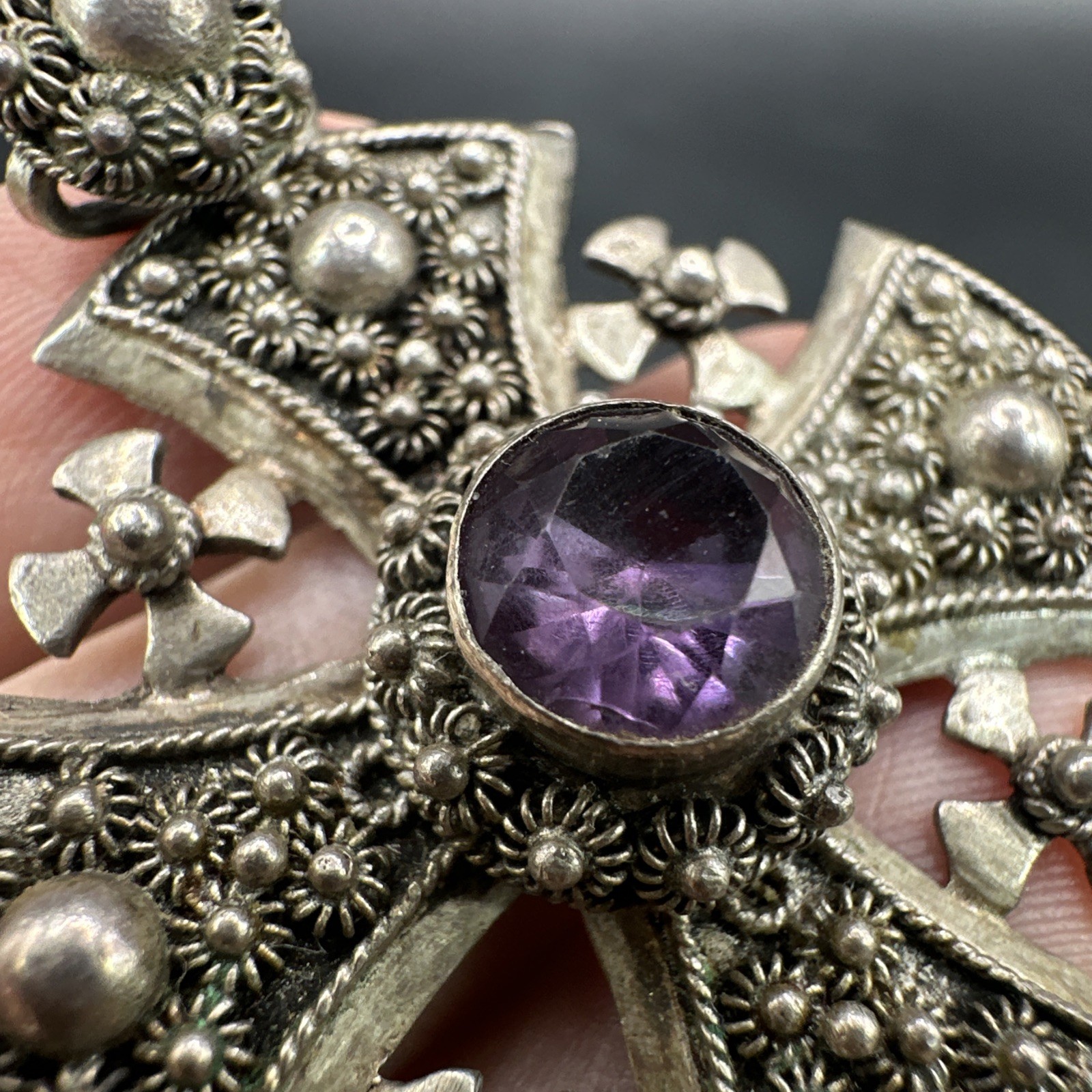 Vtg Sterling Silver Jerusalem Maltese Cross Pendant Amethyst Gothic Revival 15g