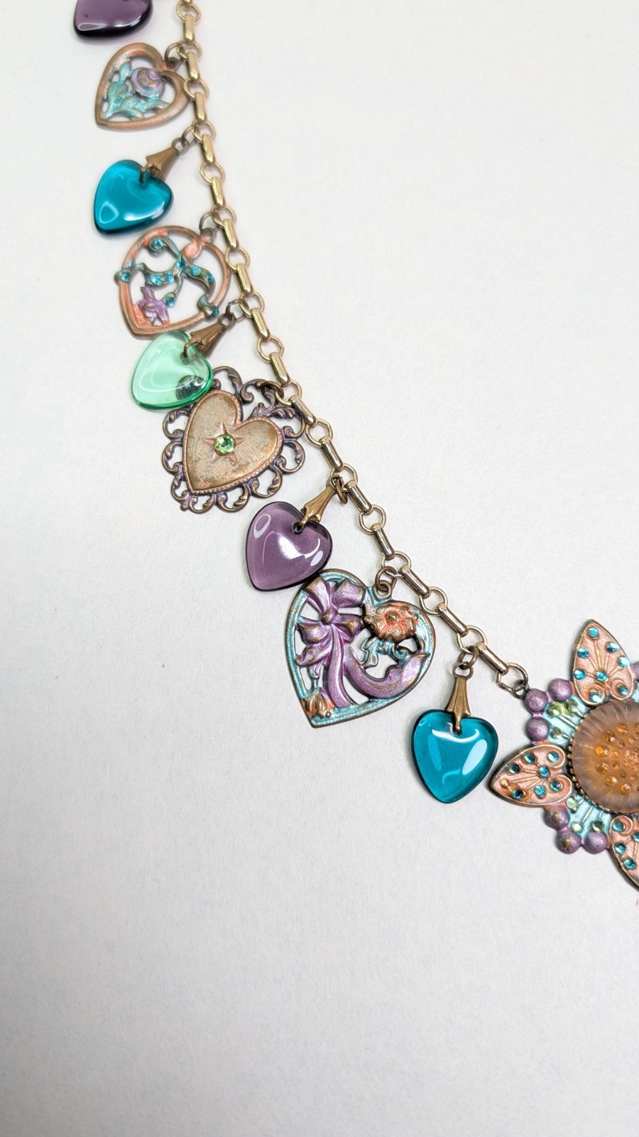 Vintage Glass Works Studio Heart Charms Multicolor Hearts Theme Necklace 30 In