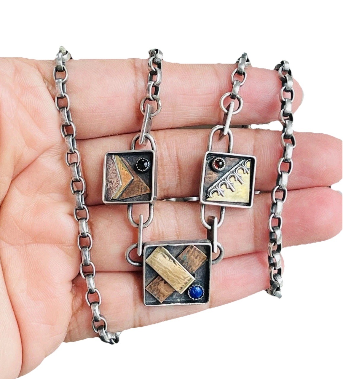 Vintage Signed Modernist Mixed Metal Sterling Silver Stone Link Necklace 32Grams