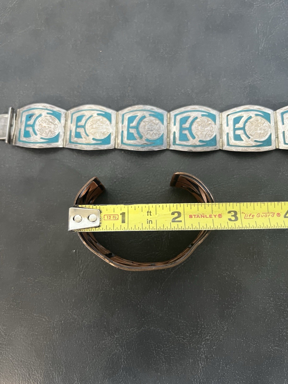 Bell Solid Copper Sterling 925 Joy Mex Turquoise Inlay Aztec Cuff Bracelet Vtg
