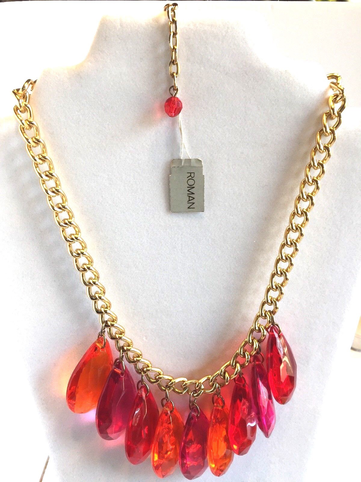 Vintage ROMAN signed Necklace orange fuchsia red teardrops goldtone NOS w/ tags