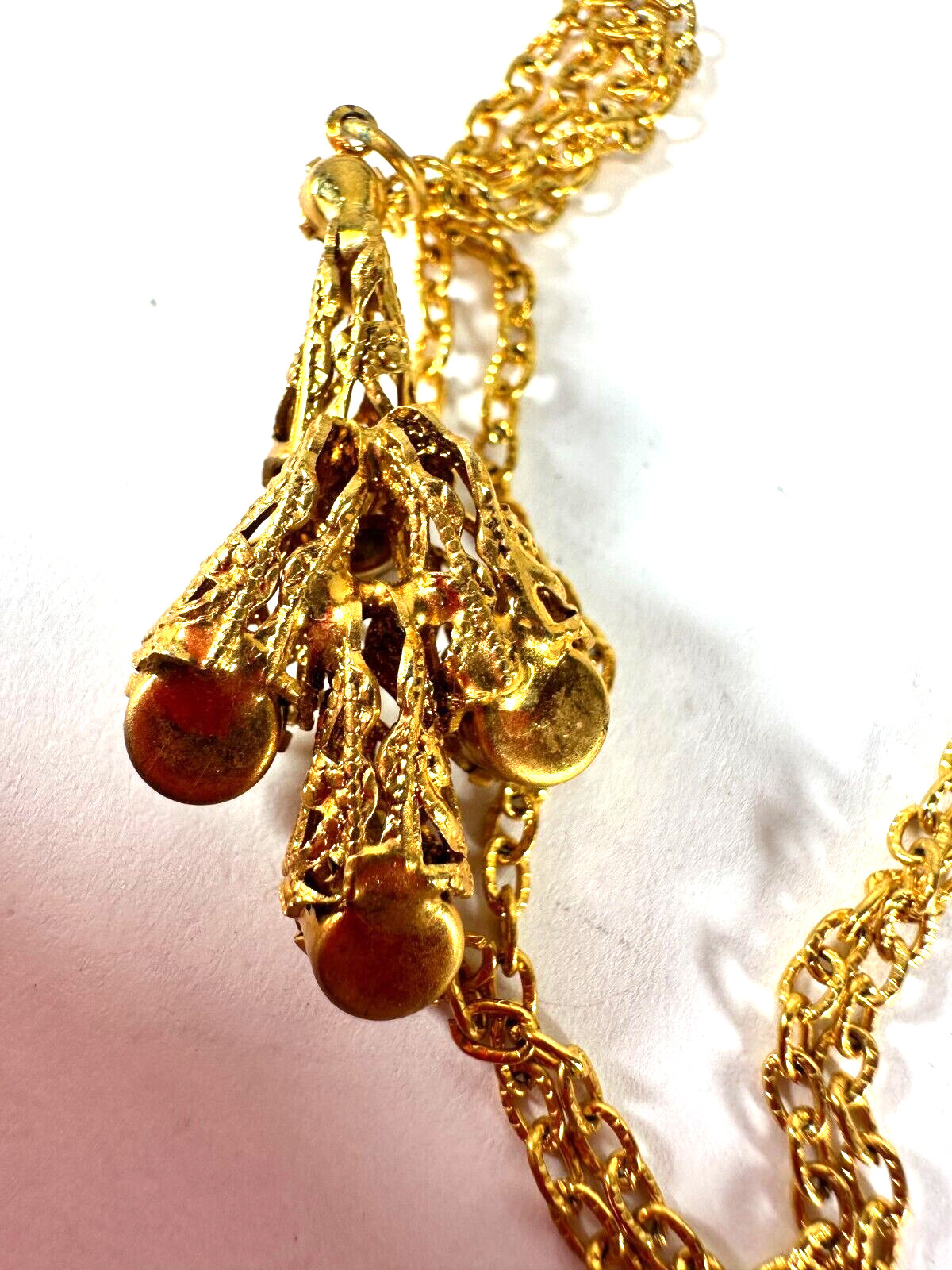 Vintage Necklace Rhinestone Pendant Filigree Cone Cap Goldtone Chain