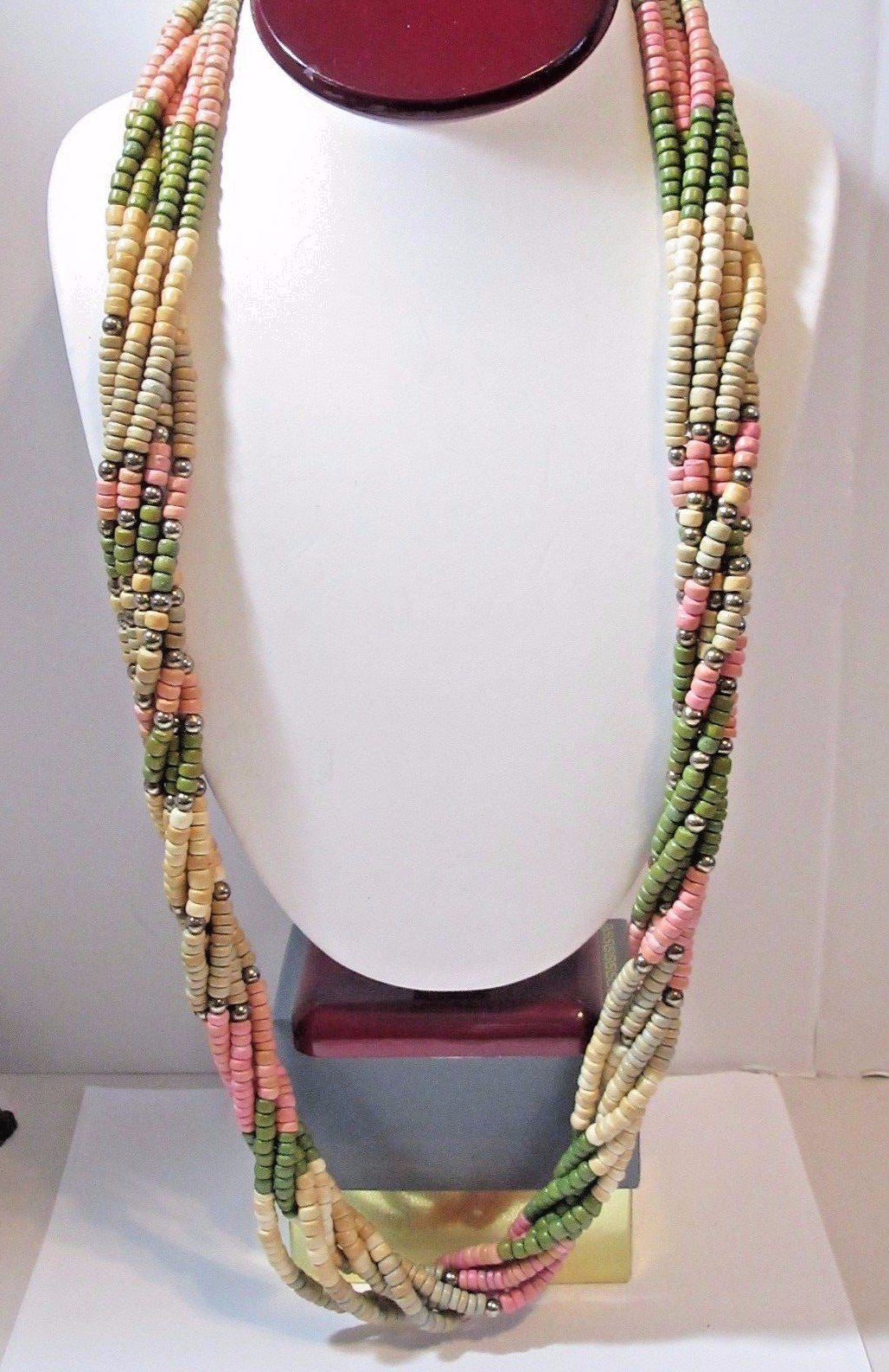 WOOD BEADED MULTISTRAND MUTED SHADES GREEN PINK BEIGE FUNKY NECKLACE BEADS
