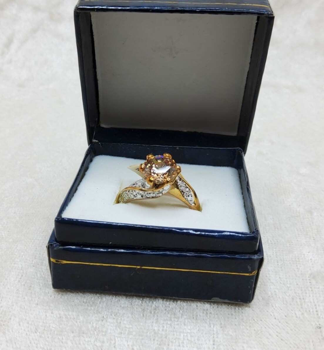 vintage kas 14kt gold plated champagne,white cz ring size 7, NOS