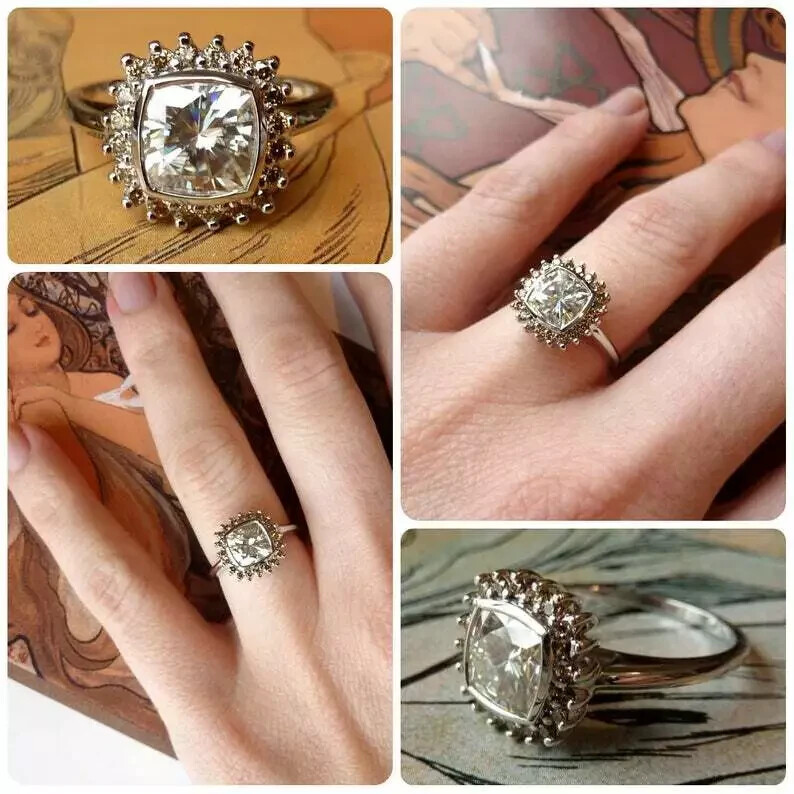 Art Deco 1.2Ct Cushion Cut Lab Created Diamond 14K White Gold FN Engagement Ring