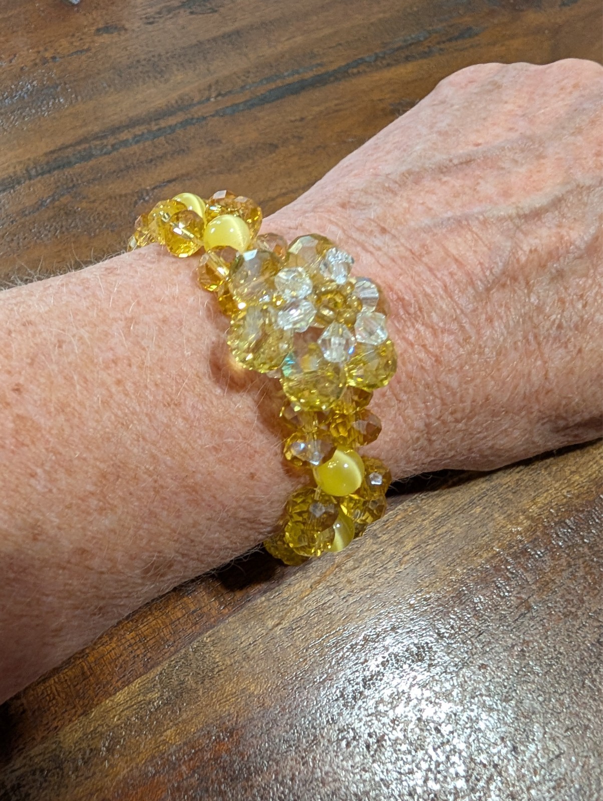 Handmade Yellow Crystal Beaded Stretch Bracelet Cat’s Eye Floral Statement Brace