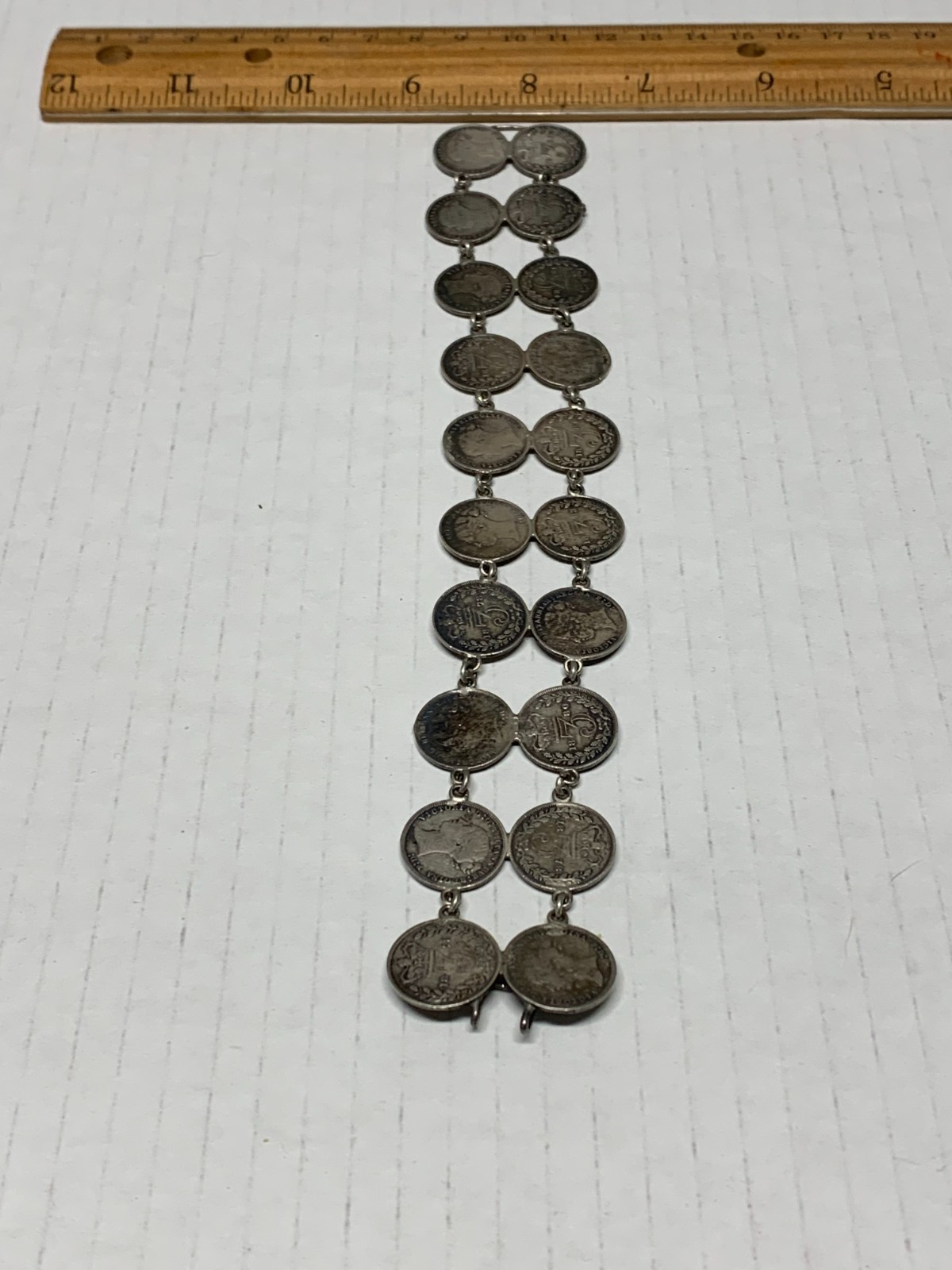 VINTAGE BRITISH COIN LINK BRACELET VICTORIAN ERA, 20-3 PENCE COINS 1873-1884
