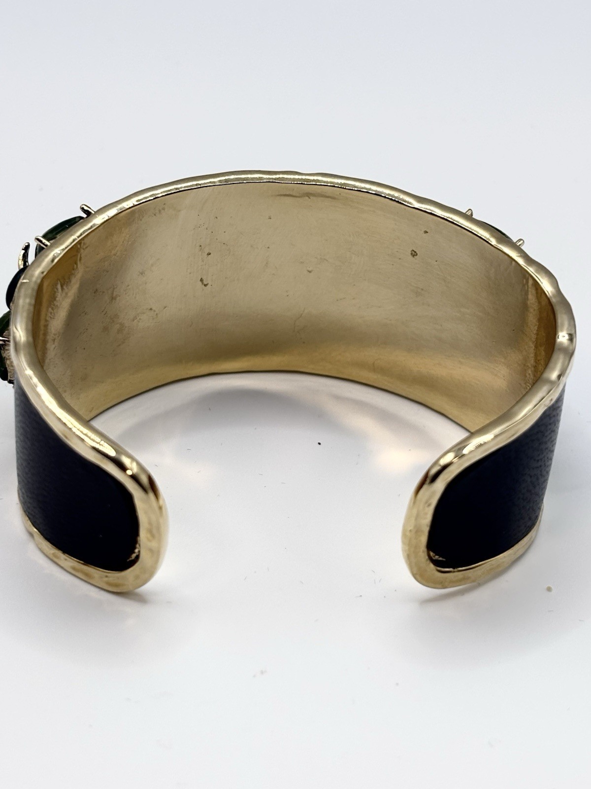 Vintage Chunky Gold Tone Multicolor Cabochon Crystal & Leather Byzantine Cuff
